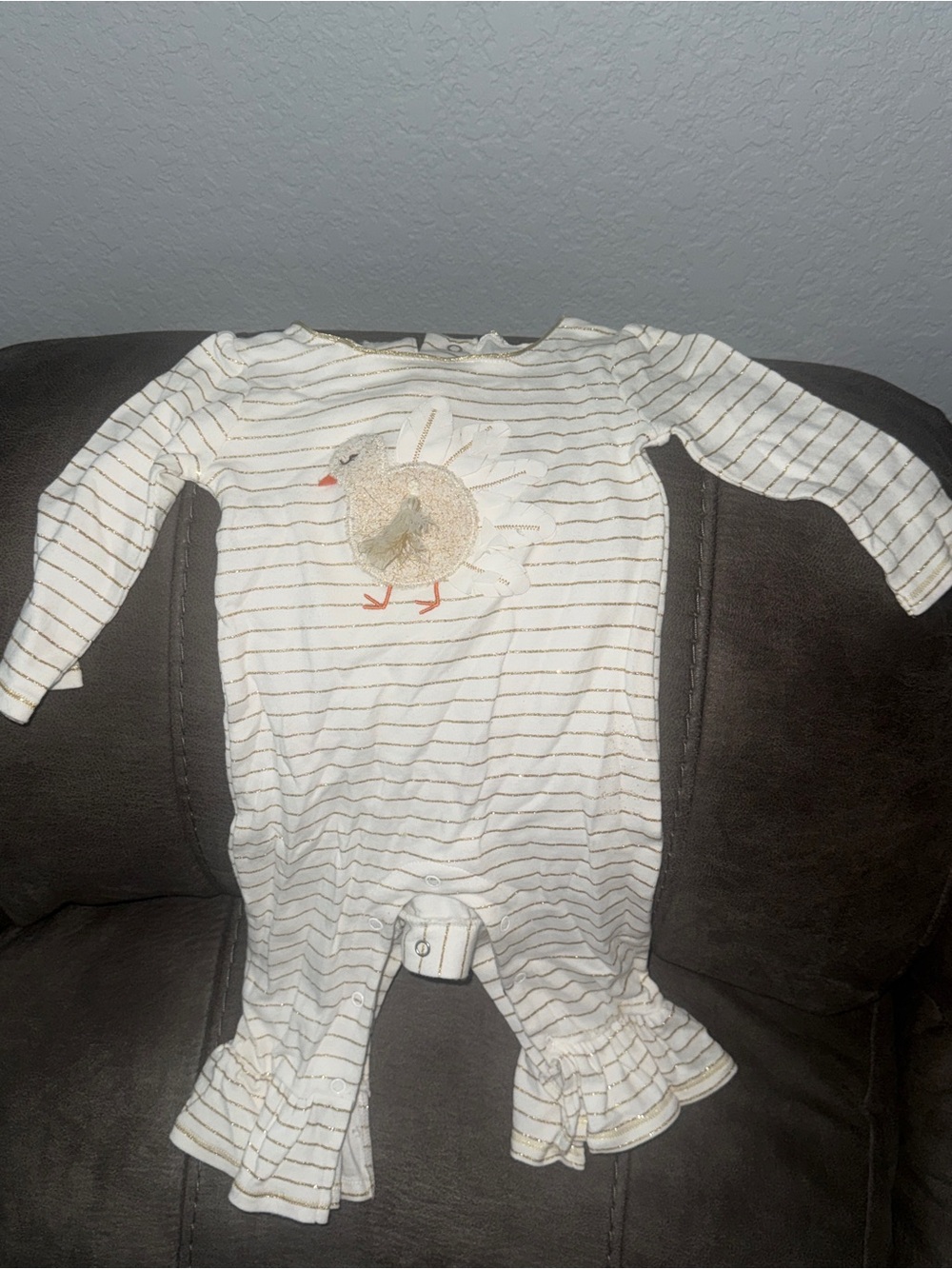 Mud Pie Cream & Gold Striped Ruffle One-Piece with Turkey Applique
